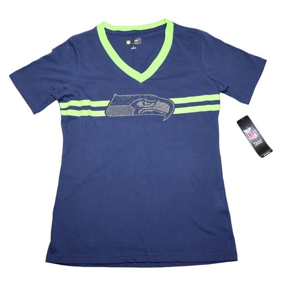 NFL Seattle Seahawks Top Womens Size Small V-Neck Rhinestone Logo NEW - Picture 1 of 7